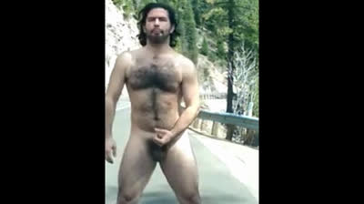 Hairy Man Masturbating Outdoors by the Road