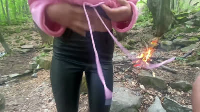 Fucking Near the Fire: POV Cumshot on Leather-Pants Beauty